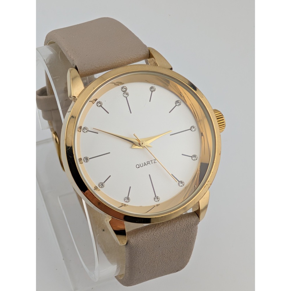 Oriflame Watch‎ Women 37mm Gold Case Beige Leather Band- New Battery